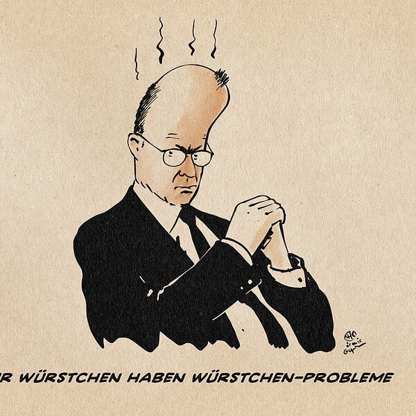 Illustration von Merz als grollendes Würstchen. Textzeile: Nur Würstchen haben Würstchenprobleme