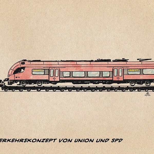 Illustration eines LKW-Schwerlastspezialtransportes, bei dem ein Regio-Zug von einem LKW auf einem Spezialanhänger straßentauglich gezogen wird. Textzeile: Das Verkehrskonzept von Union und SPD
