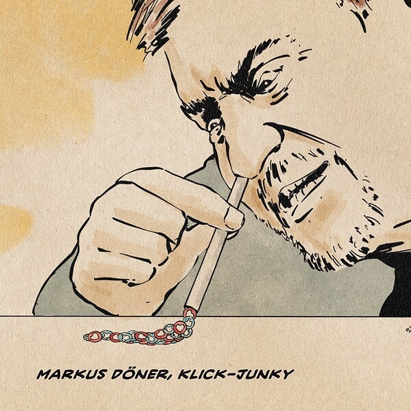 Illustration von Markus Söder, der sich gerade mit einem Röhrchen Likes wie Koks in die Nase zieht. Textzeile: Markus Döner, Klick-Junky