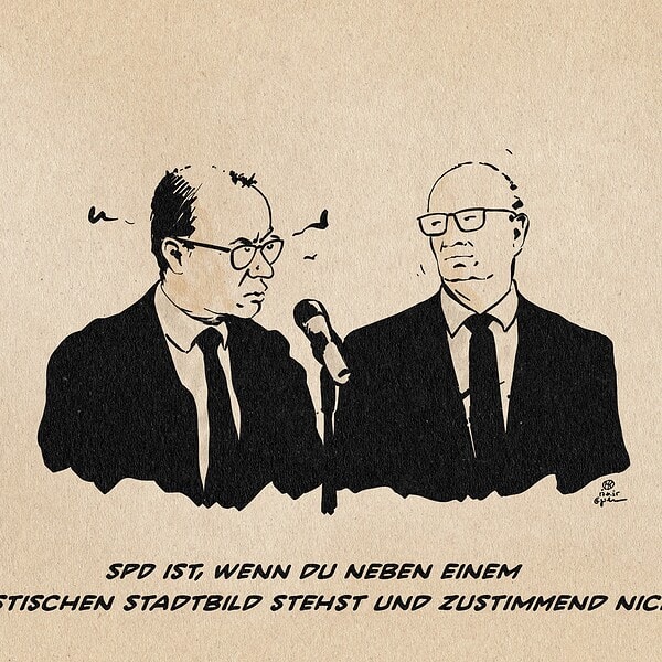 Merz und Woidke am Mikrofon Merz spricht verärgert, Woidke schaut ihn zustimmend an. Textzeile: SPD ist, wenn Du neben einem rassistischen Stadtbild stehst und zustimmend nickst.