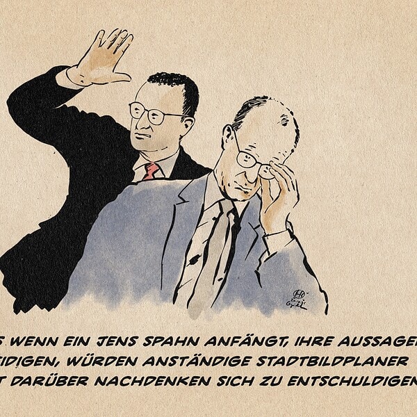 Karikatur von zwei Männern, einer schreit, der andere denkt nach, zum Thema Verteidigung.