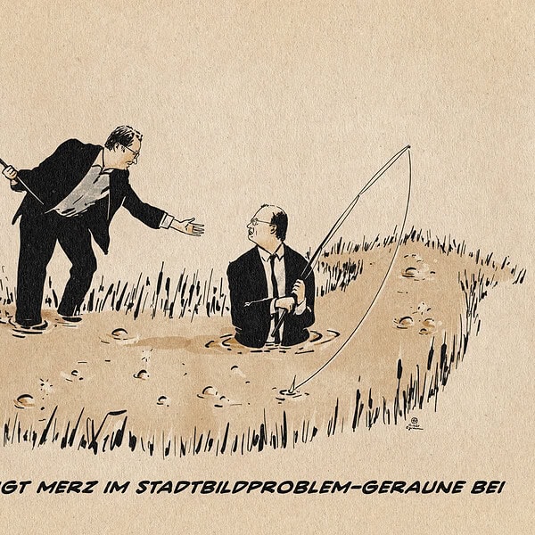 Illustration von Cem Özedmir, wie er angelnd in einen braunen Teich steigt. Er bietet dabei Merz, der bereits bis zum Bauch im braunen Teich stehend angekt, die Hand an. Der braune Teich hat die Form eines AfD Logo-Pfeils. Textzeile: Özdemir springt Merz im Stadtbildproblem-Geraune bei.