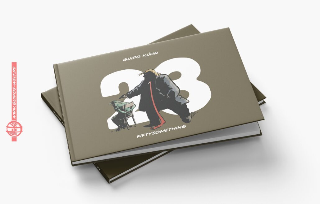 Grafik mit Hund und Fahrrad auf grauem Hintergrund, Nummer 23, Fiftysomething 23.