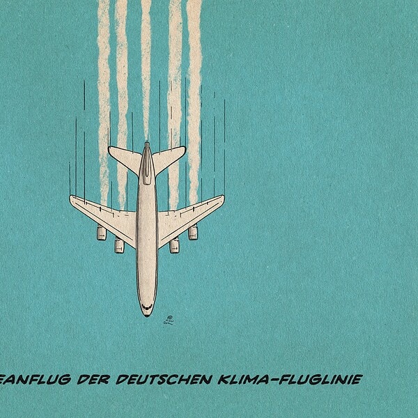 Illustration eines Passagierfliegers von oben, der vertikal auf die untere Bildkante zustürzt. Textzeile: Der Landeanflug der Deutschen Klima-Fluglinie