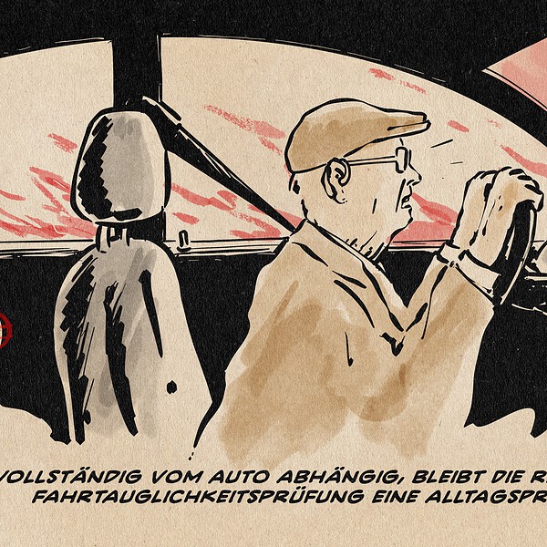Ein Rentner im Auto am Steuer, an den Scheiben Blut. Textzeile: Vollständig vom Auto abhängig, bleibt die regelmäßige Fahrtauglichkeitsprüfung eine alltagspraktische.