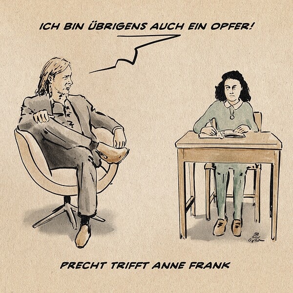 Illustration von Precht und Anne Frank. Precht lässig in einen Talkshowsessel drapiert, Anne Frank als Bildzitat aufrecht an einem Holztisch beim Schreiben. Precht blickt sie an und sagt: Ich bin übrigens auch ein Opfer. Textzeile Precht trifft Anne Frank
