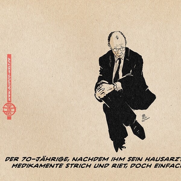 Karikatur eines älteren Mannes in Anzug, der auf einem Bein steht.