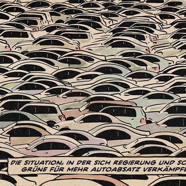 Illustration eines Automeeres. Textzeile: Die Situation, in der sich Regierung und sogar Grüne für mehr Autoabsatz verkämpfen.