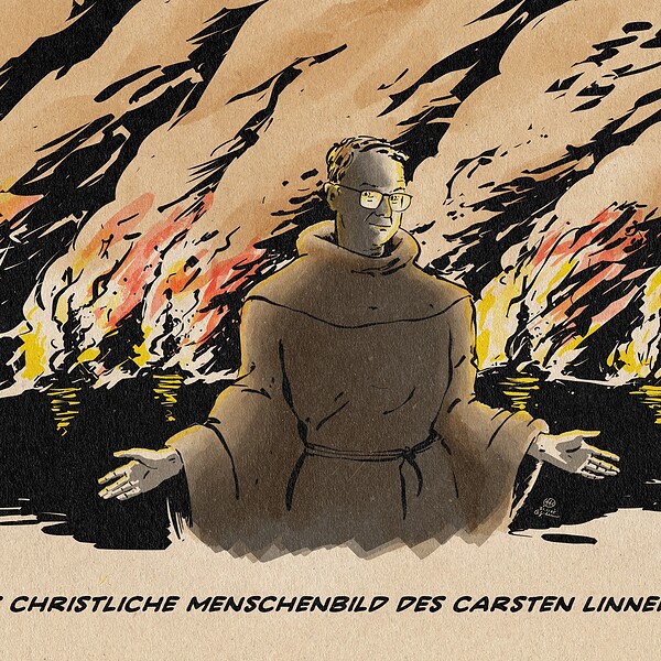 Illustration von Carsten Linnemann als Mönch mit ausgebreiteten Armen zur Betrachter*innenebene blickend vor einem von Rauchwolken verdunkelten und von vielen Scheiterhaufen erhellten Horizont. Textzeile: Das christliche Menschenbild des Carsten Linnemann