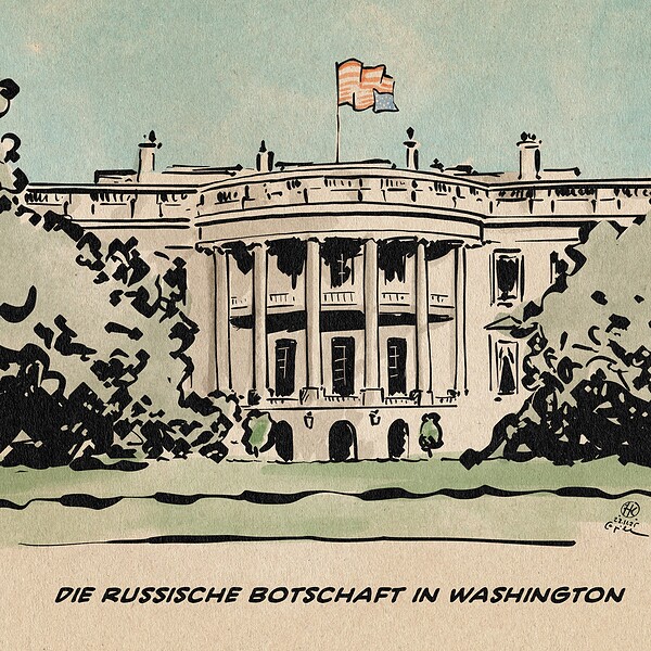 Illustration Postkartenansicht des Weißen Hauses als Illustration. Die amerikanische Flagge auf dem Dach weht über Kopf. Textzeile: Die russische Botschaft in Washington