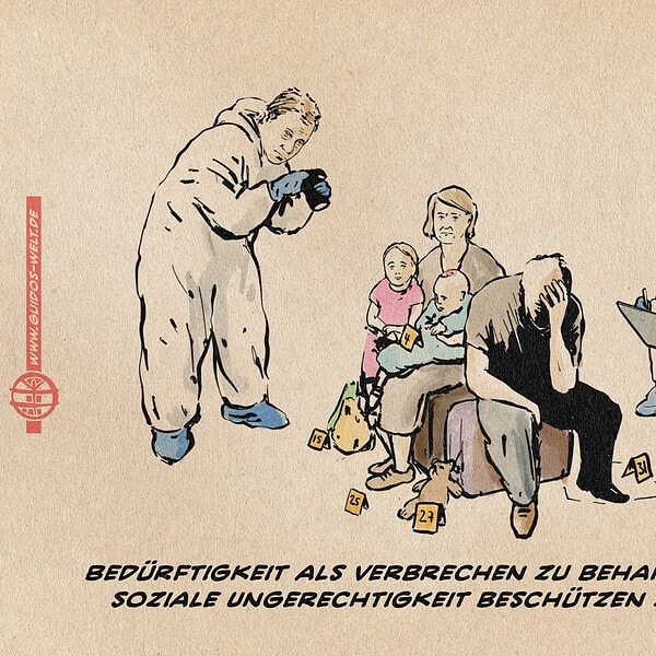 Illustration einer bedürftigen, verzweifelten Familie, die von zwei Forensikern mit den Gesichern von Merz und Klingbeil als Verbrechenstatort behandelt wird. Textzeile: Bedürftigkeit als Verbrechen zu behandeln, bedeutet, soziale Ungerechtigkeit zu schützen.