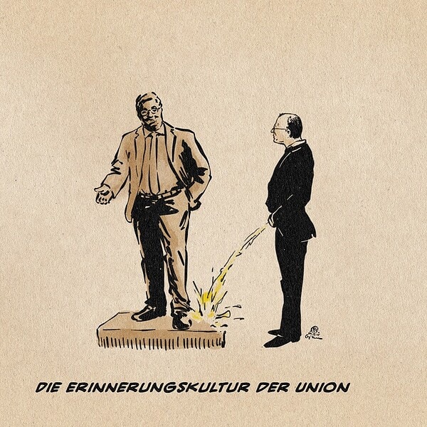 Illustration: Merz uriniert an das Lübecker Denkmal. Textzeile: Die Erinnerungskultur der Union.