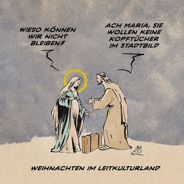Karikatur mit Maria und Josef im Weihnachtsland, kritische Botschaft.