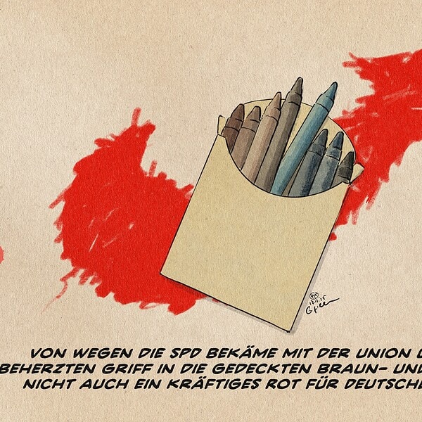 Illustration einer Schachtel Farbstifte in Braun- und Blautönen auf einem hingekrackelten roten AFD-Logopfeil. Textzeile: Von wegen, die SPD bekäme mit der Union und dem begerzten Griff in die gedeckten Braun- und Blautöne nicht auch ein kräftiges Rot für Deutschland hin.