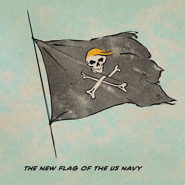 Illustration of a Jolly Roger Pirate Flag with a skull sporting the hairstyle of Donald Trump. Textline: The new flag of the US Navy