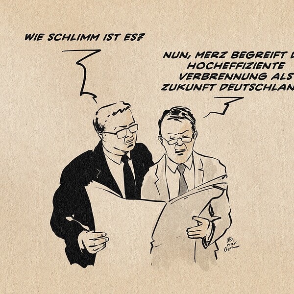 Karikatur mit zwei Männern, die über effiziente Verbrennung sprechen.