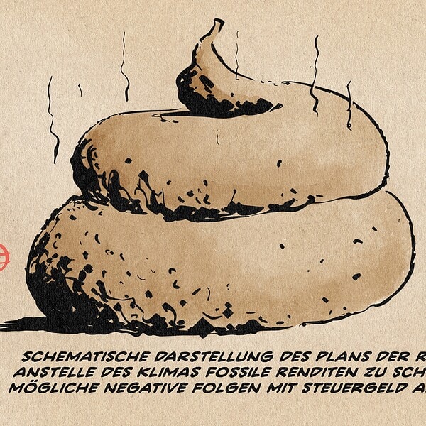 Illustration eines bildfüllenden Berges Scheiße, vor dem ein winziger Mensch mit einer im Vergleich zum Berg winzigkleinen Schubkarre voller Geld steht. Textzeile: Schematische Darstellung des Plans der Regierung, anstelle des Klimas fossile Renditen zu schützen und mögliche negative Folgen mit Steuergeld abzudecken.