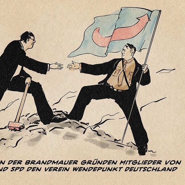 Illustration in Art klassischer Propagandakompositionen zweier Männer im Anzug, die sich auf einem Schutthaufen die Hände zu Gruß entgegenrecken. DEr linke Mann im Anzug hält dabei wie nach getaner Arbeit einen Abbruchhammer, während der rechte Mann ein AFD Banner haltend unter dem Anzugsakko eine Braunhemduniform offenbart und die Züge des jungen Adolf Hitler trägt. Textzeile: Auf den Ruinen der Brandmauer gründen Mitglieder von Union, AfD und SPD den Verein Wendepunkt Deutschland.