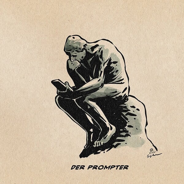 Illustration des Denkers von Rodin, der auf ein Handy starrt. Textzeile: der Prompter.