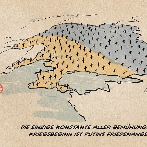 Illustration der Ukraine als Landkarte in Landesfarben und als Friedhof. Textzeile: Die einzige Konstante aller Bemühungen seit Kriegsbeginn ist Putins Friedensangebot.