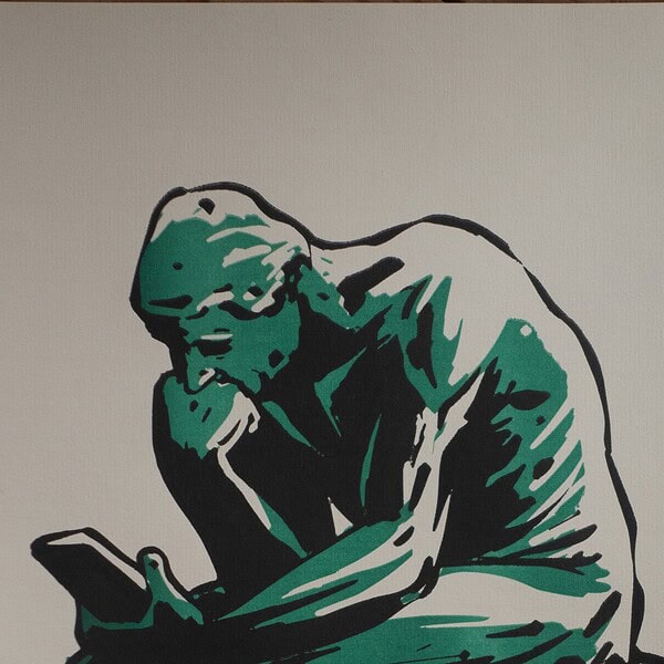 Kreative Illustration eines Mannes, der auf sein Smartphone schaut, in Grautönen mit grünen Akzenten.