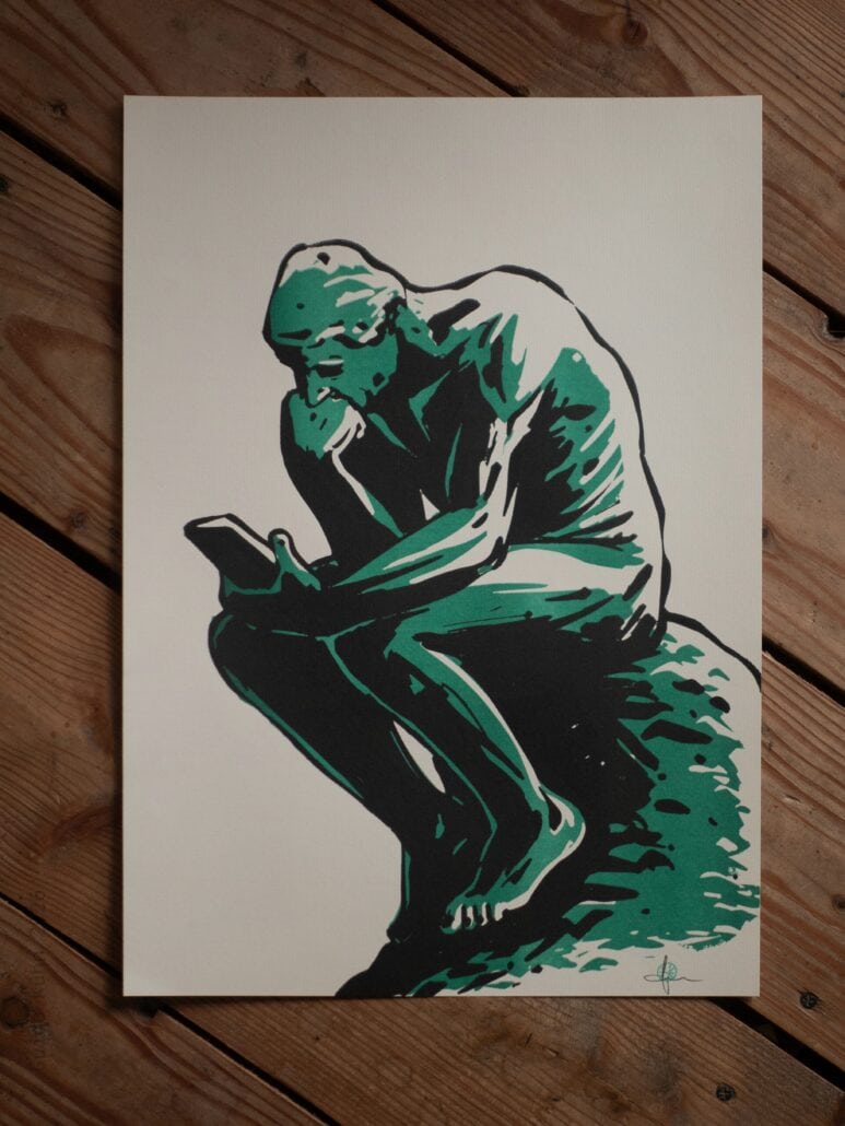 Kunstwerk 'Der Denker' in moderner, abstrakter Darstellung auf Leinwand.