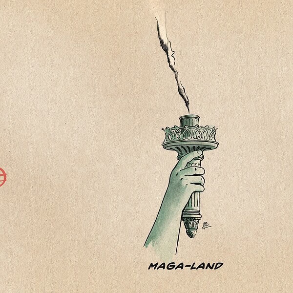 Illustration of the torch hand of lady liberty with the flame of freedom extinct. Textline: MAGA-LAND