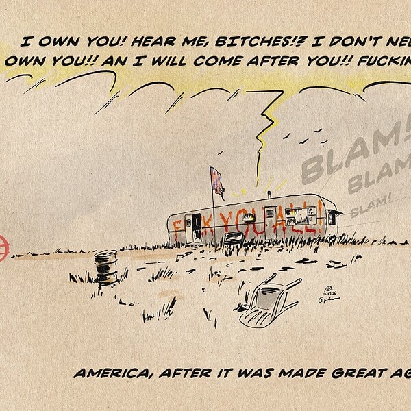 Illustration of a derelict trailerhome on a trashy ground with a Rebel Flag and painted Fuck You all! On it. a voice yelling from with in: I own you! HEar me, BItches!? I don‘t need you!! I own You!! An I will Come after you!! FUcking Bitches!! Gunshots: Blam! Blam! Blam! TExtline: America, after ut was made great again