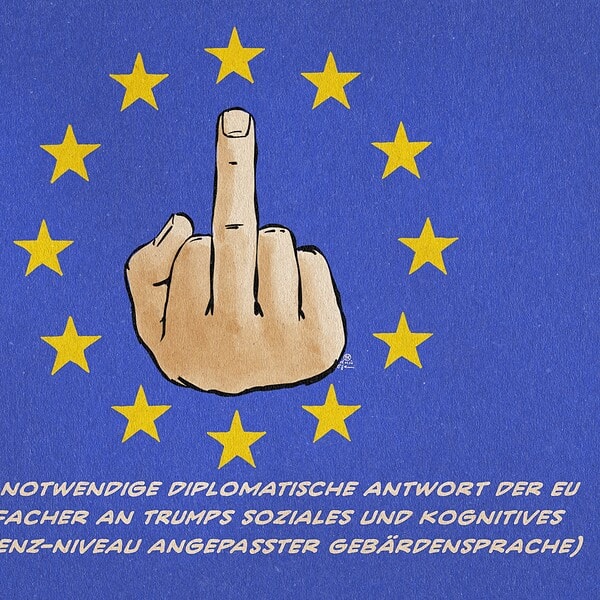 Illustration eines erhobenen Mittelfingers im gelben Sternenkranz der EU-Flagge auf blauem Grund. Textzeile: Die nun notwendige diplomatische Antwort der EU (in einfacher Art und TRUMPS soziales und kognitives Kompetenz-Niveau angepasst) Gebärdensprache