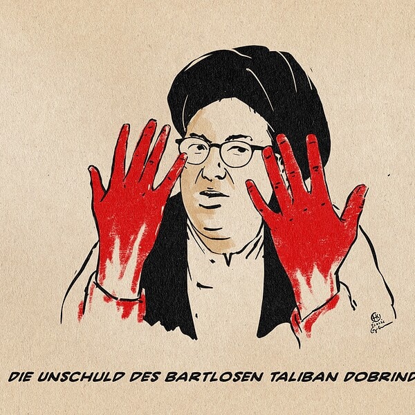 Illustration: Dobrindt mit afghanischem Turban schaut auf seine Hände, die er vor sich hält und die Blutig sind. Textzeile: Die Unschuld des bartlosen Taliban Dobrindt