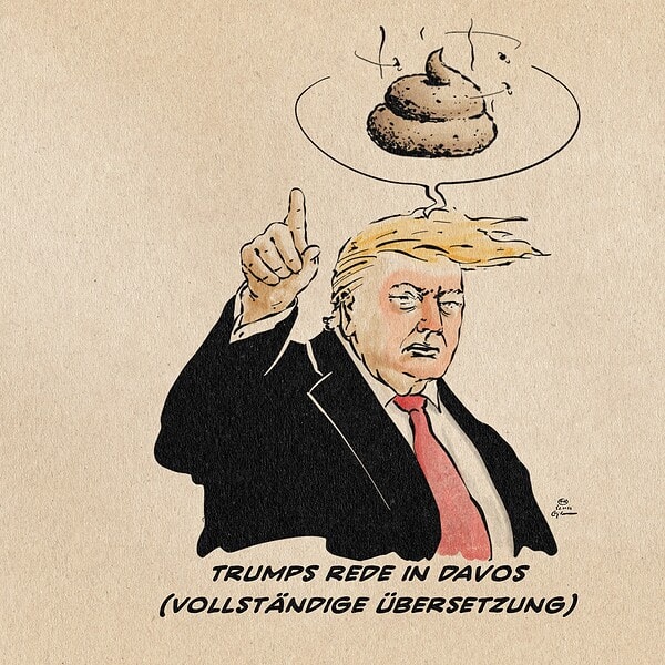 Illustration von Trump, der bildlich Scheiße spricht. Textzeile: Trumps Rede in Davos (Vollständige Übersetzung)