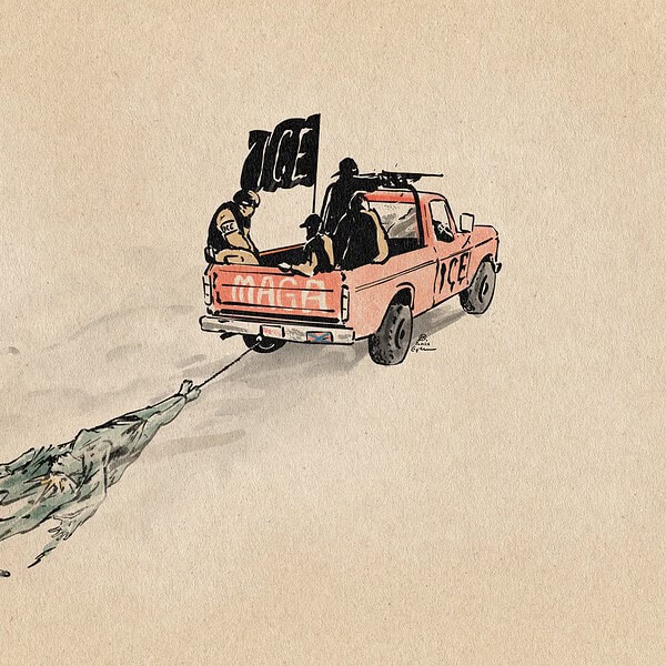 Illustration of helpless Lady Liberty lying on her back, dragged behind a pickup. The pickup is red, marked with MAGA and ICE, sporting a black ICE flag, and with ICE agents sitting on it.