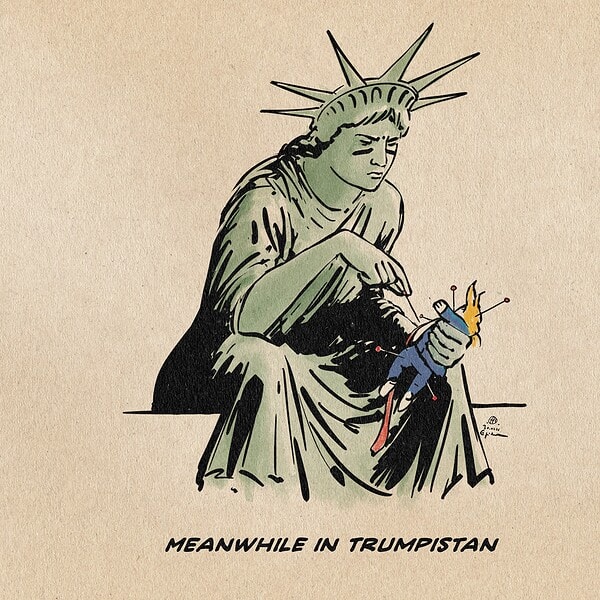 Political cartoon illustration of Lady Liberty sitting and angrily sticking needles into a voodoo doll of Trump. Textline: Meanwhile, in Trumpistan...