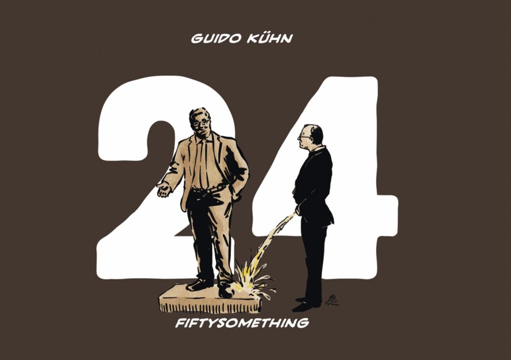 Künstlerische Illustration mit der Zahl 24 und zwei Männer, die auf einer Plattform stehen.