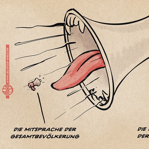Illustration zweier gegeneinander gerichteter Megaohone, einem sehr kleinen und einem sehr großen, beinahe bildfüllenden. DAs kleine ist mit „Die Mitsprache der Gesamtbevölkerung“, das große mit „Die Mitsprache der reichen 1%“ beschriftet.