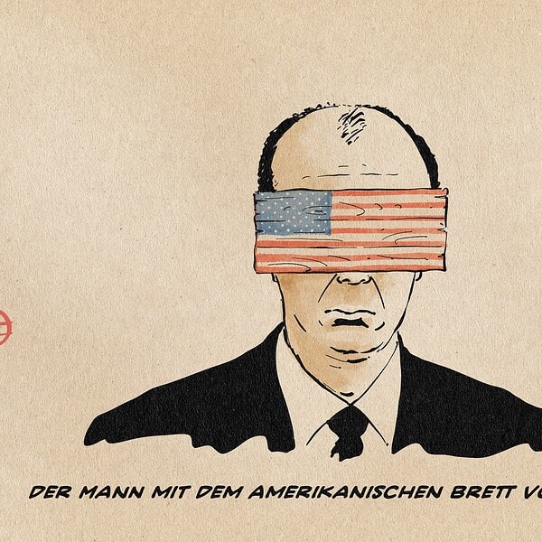 ILlustration von Merz mit einem Brett vor dem Kopf, das Brett ist in US Farben angemalt. Textzeile: Der Mann mit dem amerikanischen Brett vorm Kopf