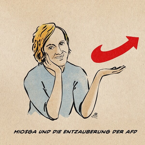Illustration der TV Moderatorin Caren Miosga, die wie Zahnpastawerbung lächelnd kokett den Kopf aufgestützt ein AFD Logo präsentiert. Textzeile: Miosga und die Entzauberung der AFD