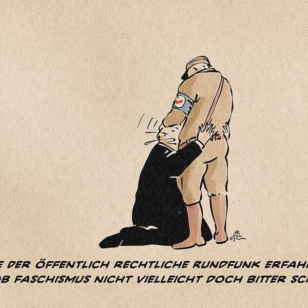 Ein Mann im Anzug auf Knien beim Fellatio mit einem stehenden SA Mann, der eine blaue Binde mit AfD Logo im weißen Rund am Arm trägt. Textzeile: Wie Der öffentlich rechtliche Rundfunk erfahren will, ob Faschismus nicht vielleicht doch bitter schmeckt