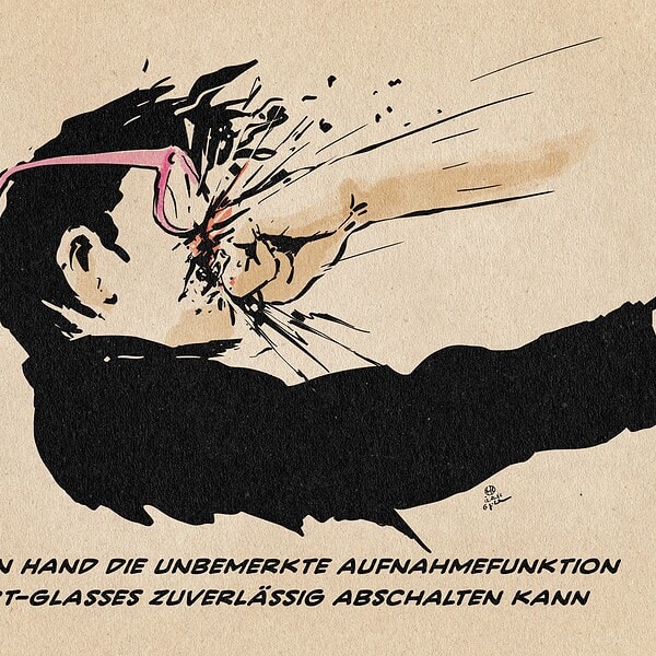 Illustration eines Faustschlages ins Gesicht eines Brillenträgers. Textzeile: Wie man von Hand die unbemerkte Aufnahmefunktion von Smart-Glasses zuverlässig abschalten kann