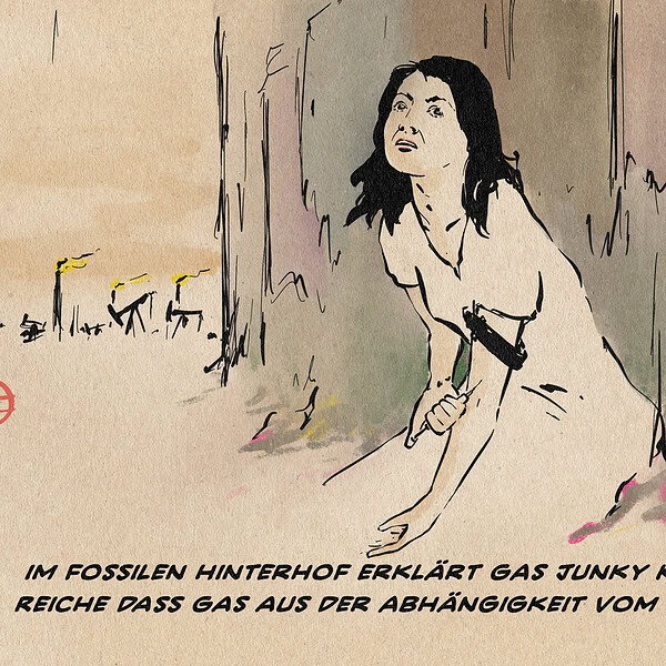 Illustration von Katharina Reiche als Junky, die sich in einem heruntergekommenen Hinterhof, der auf ein Öl- und Gasförderfeld weist, einen Schuss setzt. Textzeile: Im fossilen Hinterhof erklärt Gas Junky Katherina Reiche das Gas aus der Abhängigkeit vom Gas führt