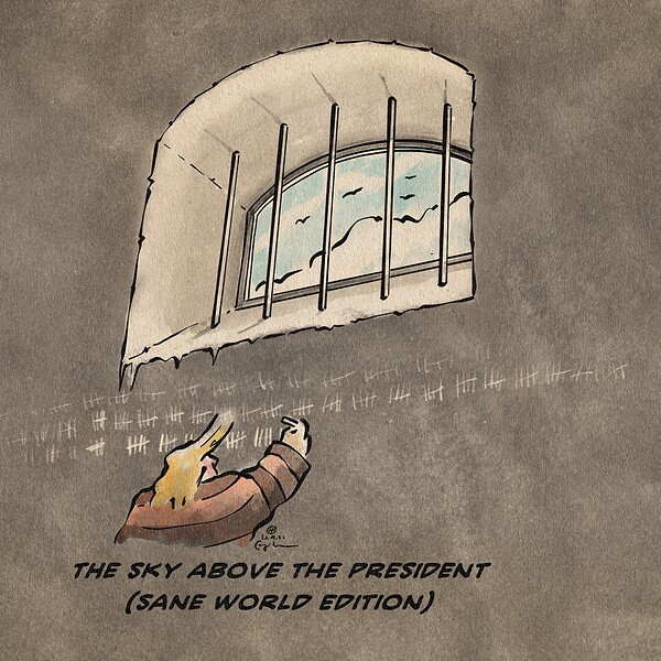 Illustration of Trump in jail clothes in a dark cell. High above him behind bars and thick walls, the blue sky. Textline: The sky above the president (sane world edition)
