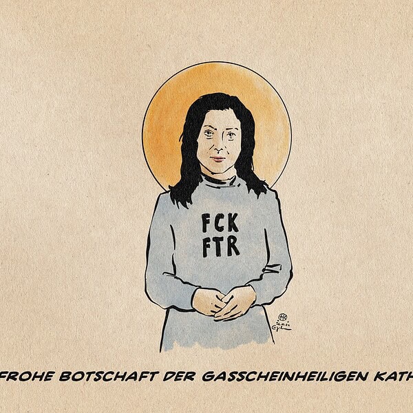 Karikatur einer Frau mit Halo und Graffiti-Spruch auf Pullover.