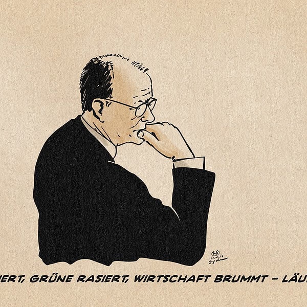 Illustration eines nachdenklichen Merz. Textzeile: AfD halbiert, Grüne rasiert, Wirtschaft brummt - läuft.