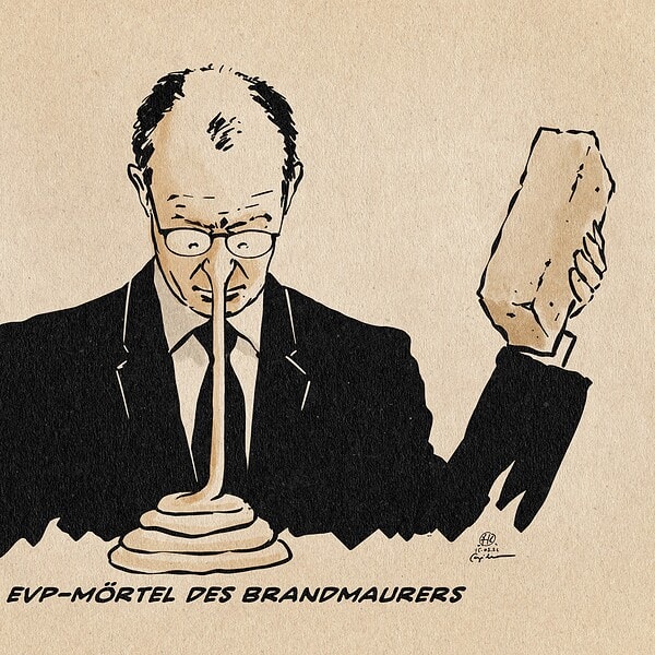 Illustration von Merz mit einer langen Nase, die er sich ansieht, wie sie sich der Schwerkraft folgend vor ihm zu einem Haufen auftürmt. Er hält rechts und links eine Maurerkelle und einen Ziegel bereit. Textzeile: Der EVP-Mörtel des Brandmaurers