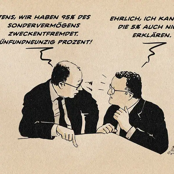 illustration merz verärgert im Gespräch mit einem erstaunten Spahn. merz sagt auf den Tisch pochend: jens, wir haben 95% des Sondervermögens zweckentfremdet. FÜNFUNDNEUNZiG PROZENT! Jens Spahn antwortet: Ehrlich, ich kann mir die 5% auch nicht erklären.