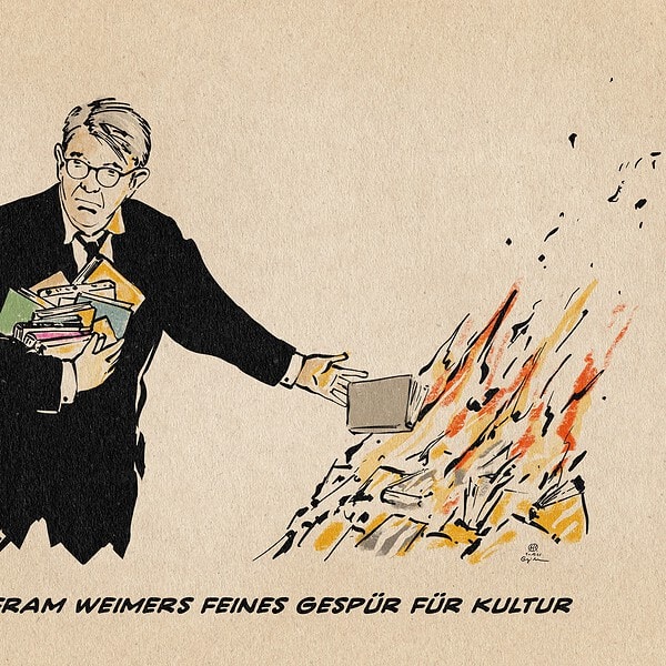 Illustration von Wolfram Weimer, der Bücher verbrennt. Textzeile: Wolfram Weimers feines Gespür für Kultur