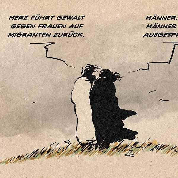 Illustration zweier silhouettenhafter Frauen auf einem windigen Hügel stehend, die in den stürmischen Himmel blicken und miteinander sprechen. Die eine Frau sagt, Merz führe Gewalt gegen Frauen auf Migranten zurück; die andere korrigiert dies mit dem Hinweis, er habe ‚Männer‘ falsch ausgesprochen.