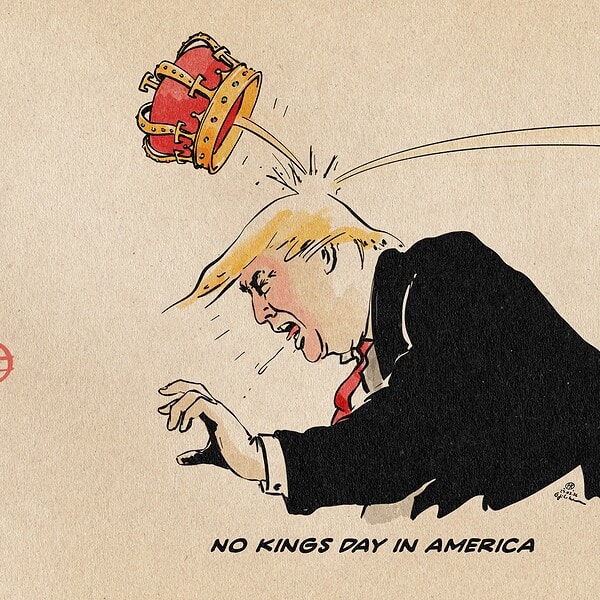 Illustration of Donald Trump recoiling as a golden crown was thrown at his Head, with the caption ‘No Kings Day in America’ at the bottom.