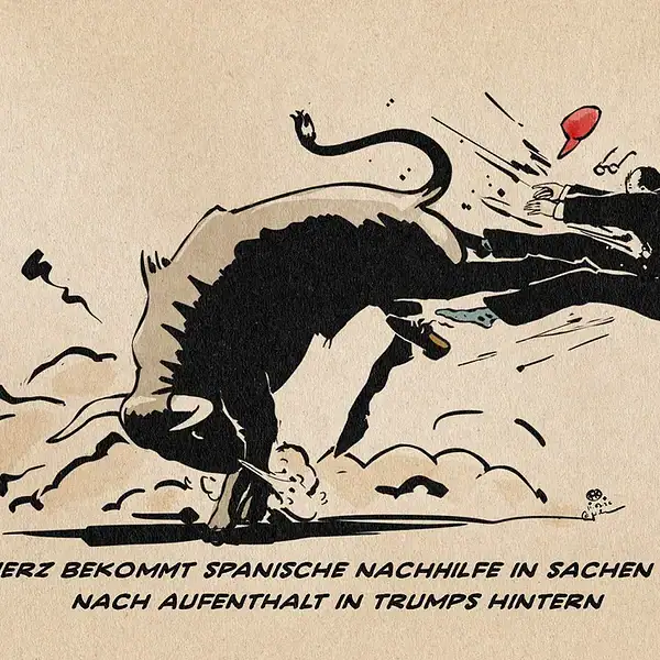 Illustration eines Stieres, der nach hinten austretend Merz aus den Schuhen haut. Textzeile: Merz bekommt spanische Nachhilfe in Sachen EU nach Aufenthalt in Trumps Hintern