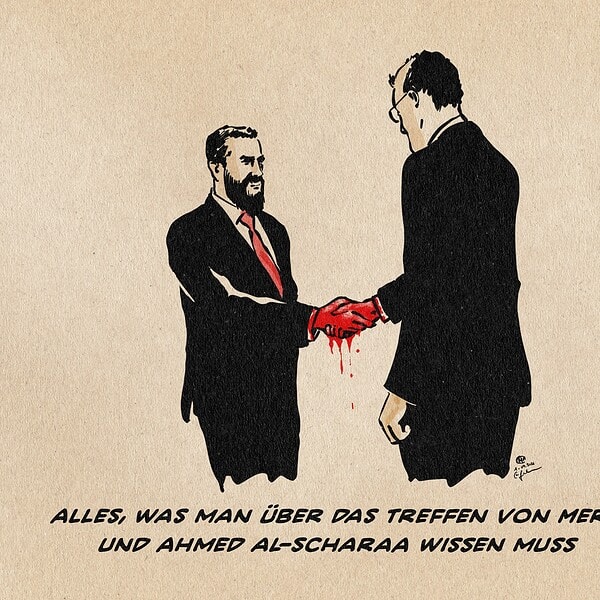 Illustration von Merz, der Ahmed al-Scharaa die Hand gibt. DIe Hände sind blutig. Textzeile: ALles, was man über das Treffen von Merz und Ahmed al-Scharaa wissen muss.